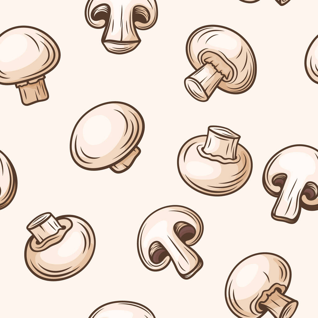 Vector Seamless Pattern with Hand Drawn White Champignon. Cartoon Champignon Mushrooms. Design Template, Clipart. Agaricus Campestris. - Vector, Image