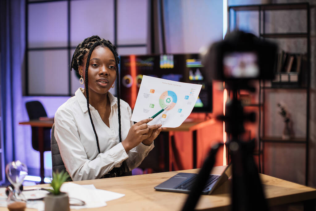 Succesvolle Afro-Amerikaanse zakenvrouw of makelaar in formele pak zitten voor de camera op statief in het avondkantoor en uitleggen grafieken en grafieken met diagram voor haar publiek. - Foto, afbeelding