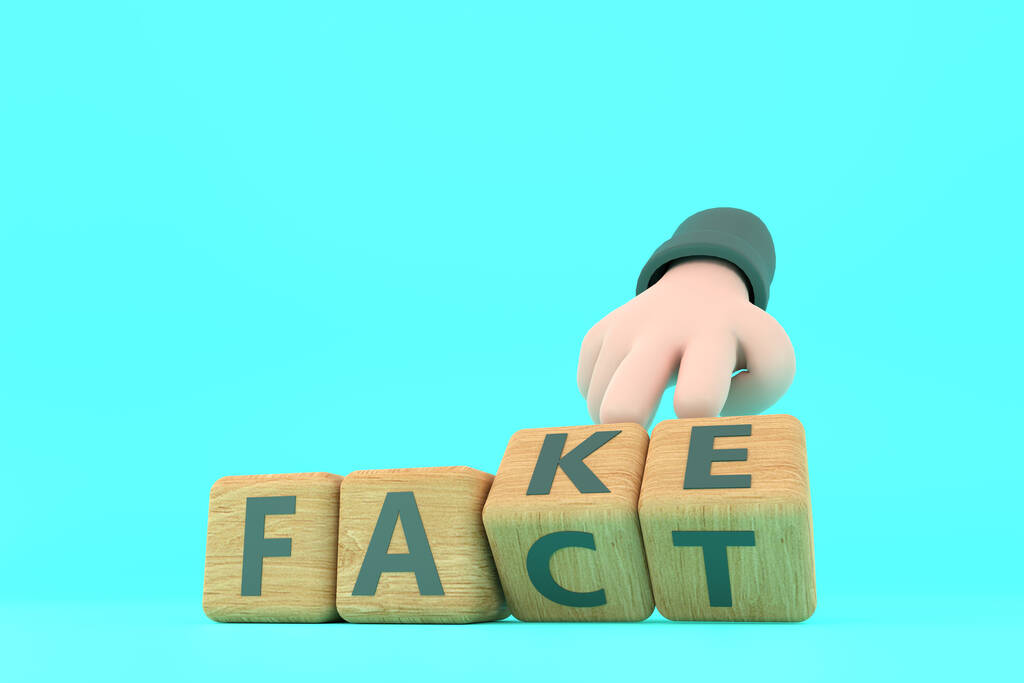 3d. Ruka otočí kostkou a změní slovo "falešný" na "fakt". - Fotografie, Obrázek