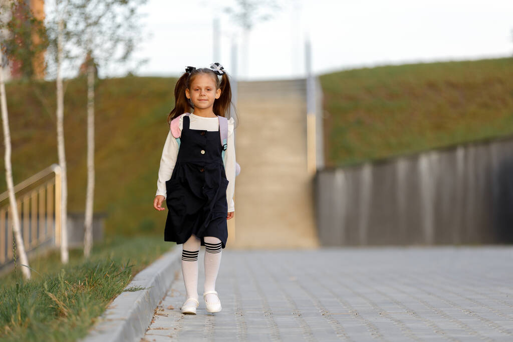 Ένα κοριτσάκι πηγαίνει σχολείο μέσα από το πάρκο κατά μήκος του μονοπατιού. έννοια της εξ αποστάσεως εκπαίδευσης. μαθήτρια που επιστρέφει σπίτι από το σχολείο - Φωτογραφία, εικόνα