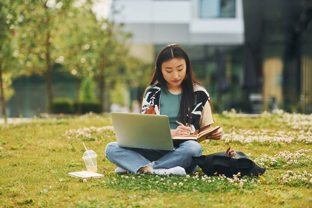 Dizüstü bilgisayarla çimlerin üzerinde. Genç Asyalı kadın gündüz vakti dışarıda.. - Fotoğraf, Görsel