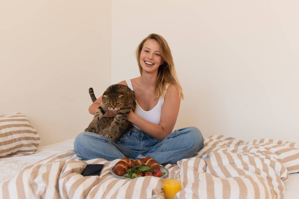 Sorrindo mulher segurando escocês gato vezes perto de smartphone e pequeno-almoço em casa  - Foto, Imagem
