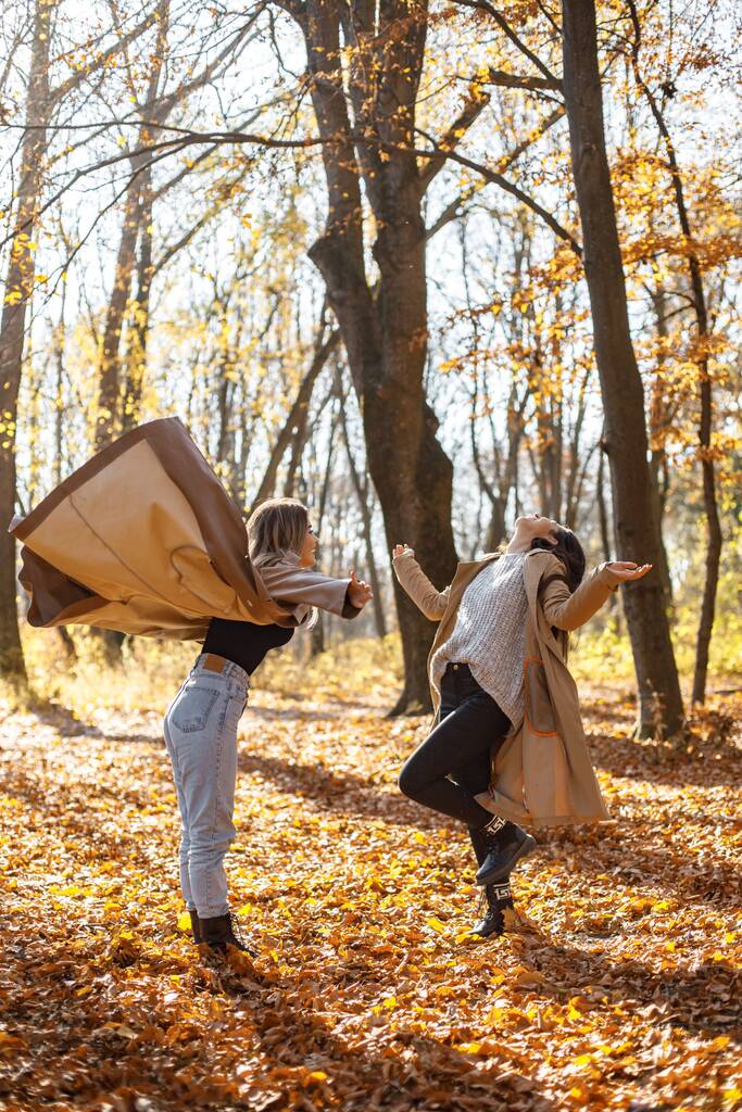 Zwei schöne Freundinnen verbringen Zeit miteinander. Zwei junge lächelnde Schwestern gehen im Herbstpark spazieren. Brünette und blonde Mädchen in Mänteln. - Foto, Bild