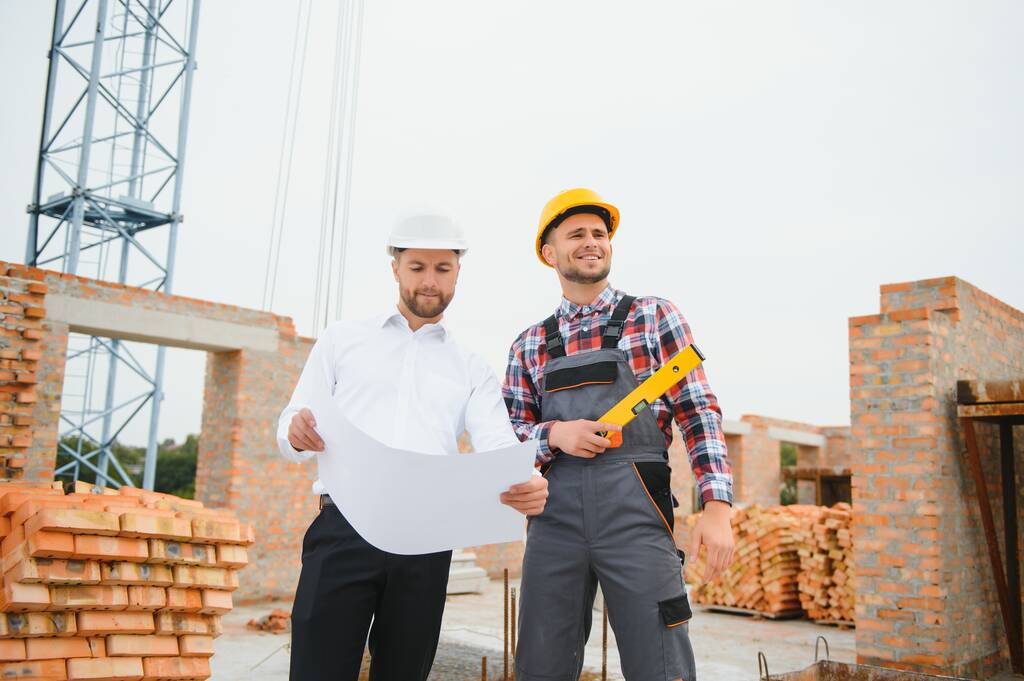 ingenieur en bouwer in harde hoeden bespreken blauwdruk op bouwplaats - Foto, afbeelding