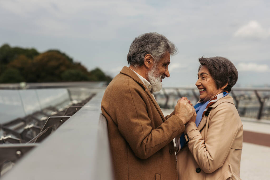 boční pohled na šťastný senior žena drží ruce s veselým manželem v blízkosti mostu zábradlí - Fotografie, Obrázek