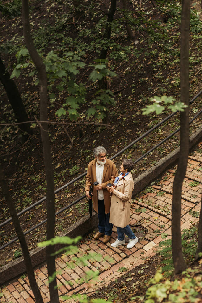 wysoki kąt widzenia radosnej pary emerytów w beżowych płaszczach trzymających papierowe kubki i spacerujących w parku  - Zdjęcie, obraz