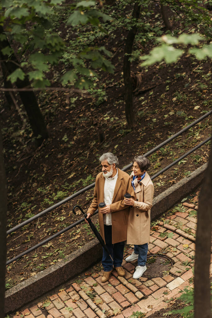 vue grand angle du couple heureux et retraité en manteaux beiges tenant des tasses en papier tout en marchant dans le parc  - Photo, image