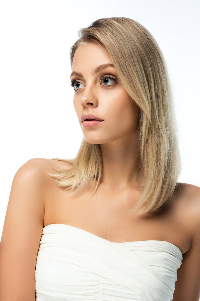 portrait of blonde woman with bare shoulders and natural makeup isolated on white - Photo, Image