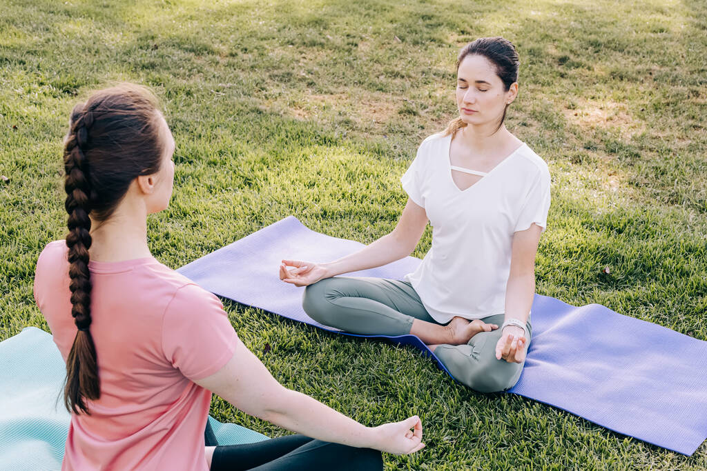 Két fiatal nő a parkban jógázik. Szabadtéri testmozgás, egészséges életmód - Fotó, kép