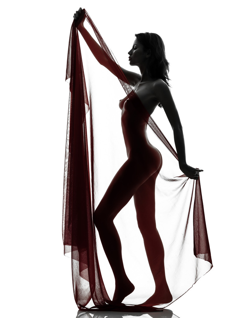 bela asiático mulher nu atrás vermelho véu silhueta
 - Foto, Imagem