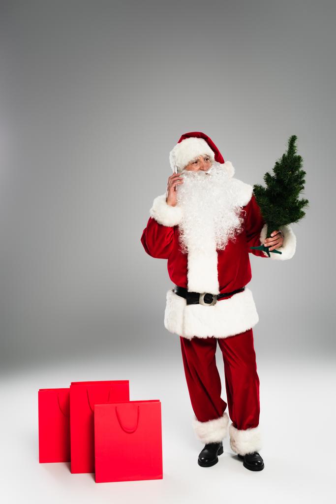 Weihnachtsmann spricht auf Smartphone und hält kleine Tanne neben Einkaufstüten auf grauem Hintergrund  - Foto, Bild