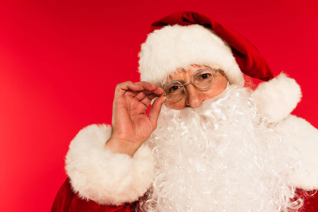 Портрет бородатого Санта-Клауса касательно очков, изолированных на красном  - Фото, изображение
