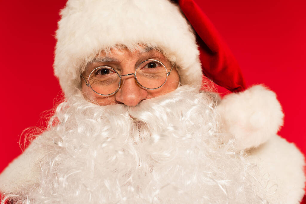 Porträt des bärtigen Weihnachtsmannes mit Brille, der isoliert auf Rot in die Kamera blickt  - Foto, Bild