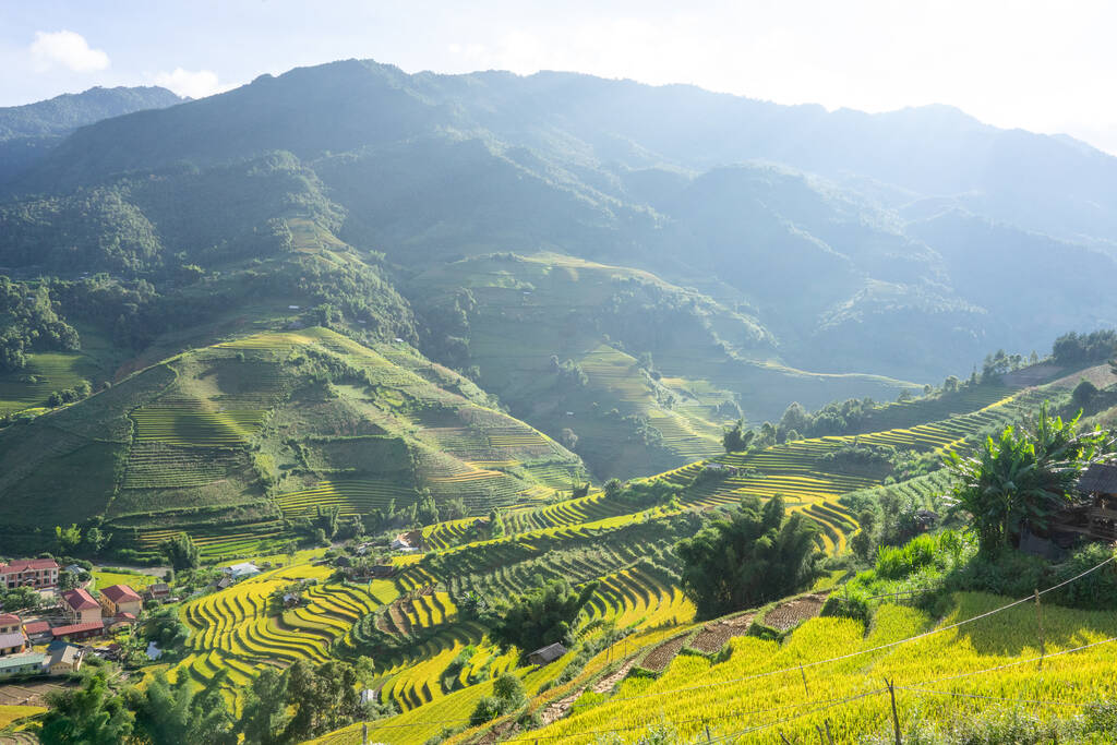 Vue aérienne des terrasses de riz doré de la ville de Mu cang chai près de la ville de Sapa, au nord du Vietnam. Magnifique rizière en terrasses en saison de récolte à Yen Bai, Vietnam. Concept de voyage et de paysage. Concentration sélective - Photo, image