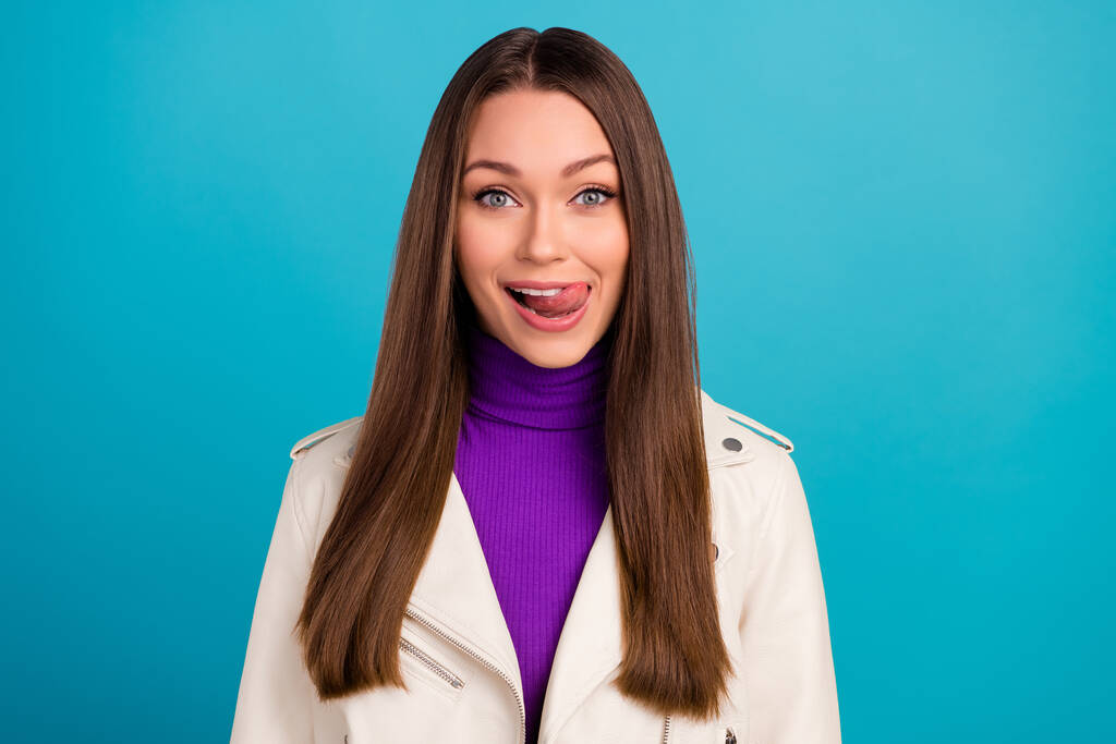 Photo of pretty cute lady toothy smile tongue out lick teeth have good mood see sale wait shopping isolated on yellow color background. - Photo, Image