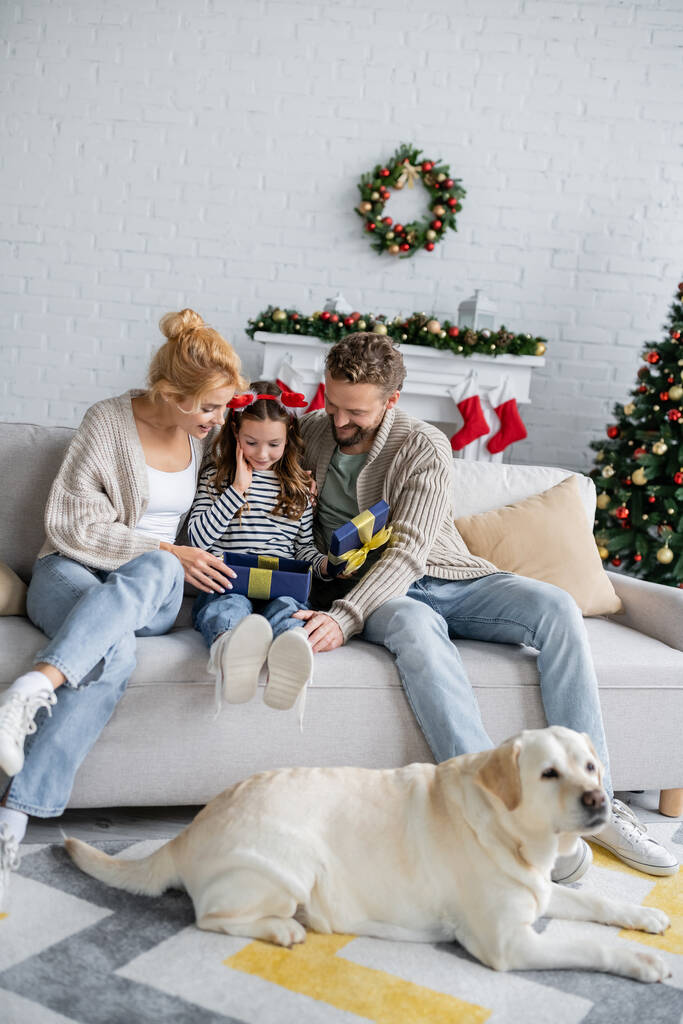Улыбающаяся семья смотрит на открытую подарочную коробку рядом с лабрадором во время празднования Рождества дома  - Фото, изображение