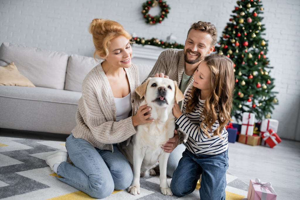 Mutter und Tochter streicheln Labrador neben Mann und Weihnachtsgeschenk im Wohnzimmer  - Foto, Bild