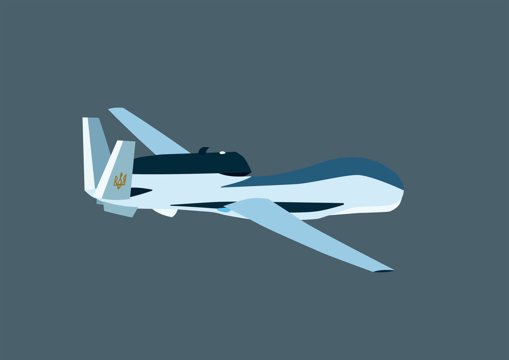 Illustration eines Militärflugzeugs mit ukrainischem Dreizack-Symbol isoliert auf grau - Vektor, Bild