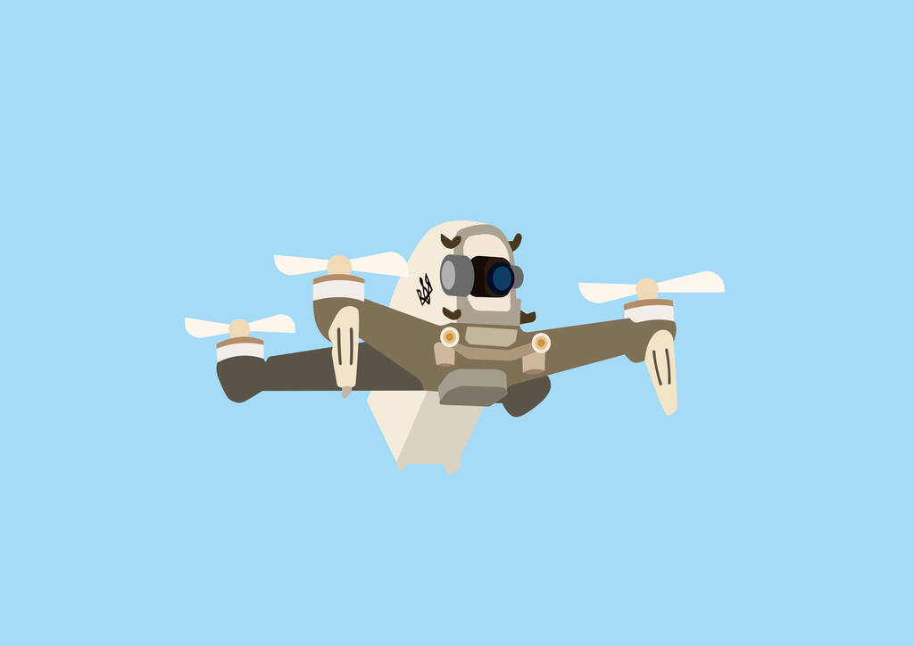 illustration of modern military quadcopter drone with video camera and ukrainian trident isolated on blue  - Vector, Image