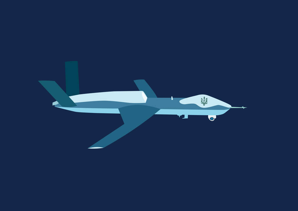 illustration of military unmanned aerial vehicle with ukrainian trident isolated on dark blue - Vector, Image