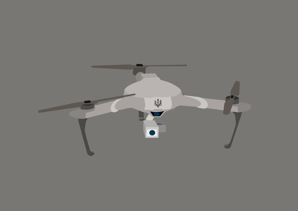 Illustration einer modernen militärischen Quadrocopter-Drohne mit Videokamera und ukrainischem Dreizack isoliert auf grau - Vektor, Bild