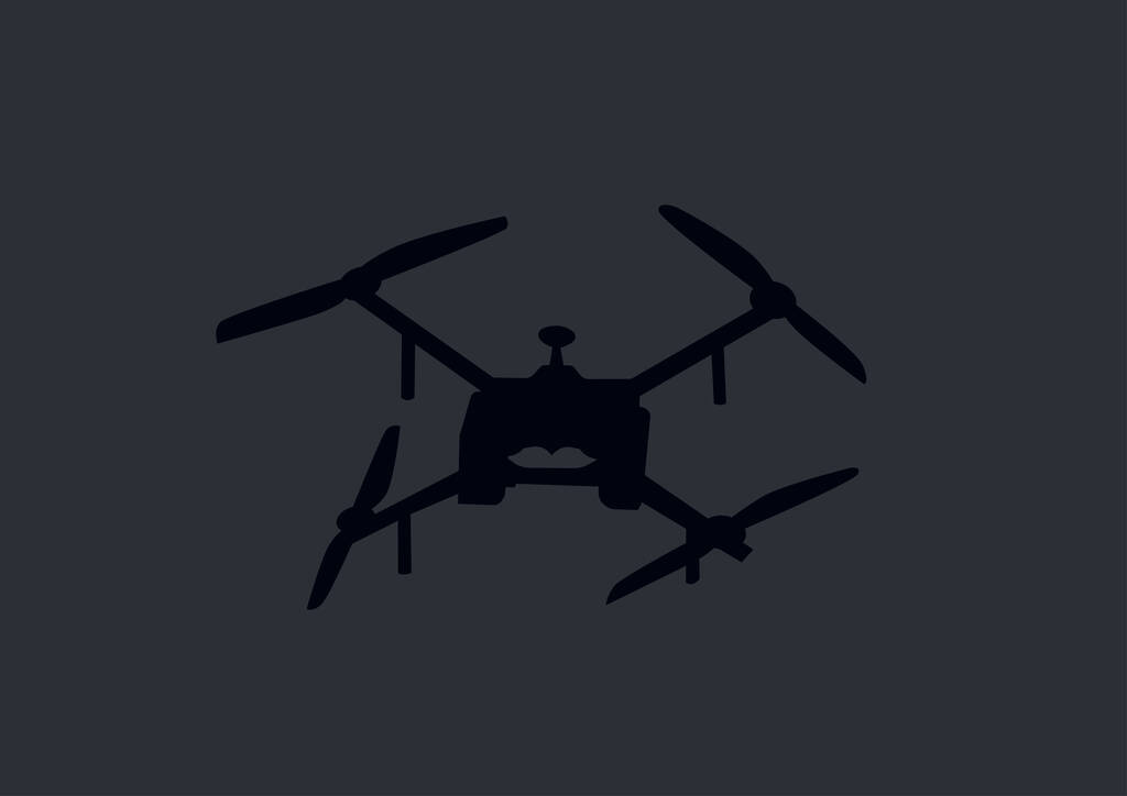 illustrazione di drone quadricottero militare telecomandato isolato su grigio scuro - Vettoriali, immagini