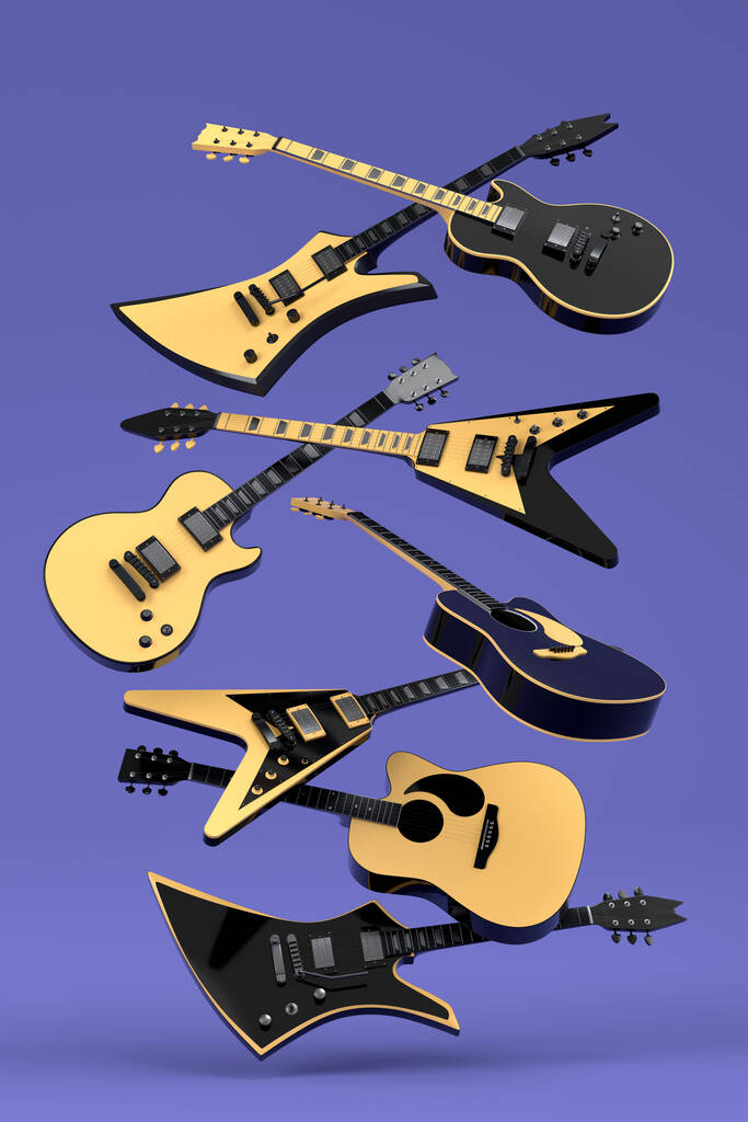 Elektromos akusztikus gitár készlet, lila háttérrel. 3D render koncepció rock fesztivál plakát heavy metal gitár zenei bolt - Fotó, kép