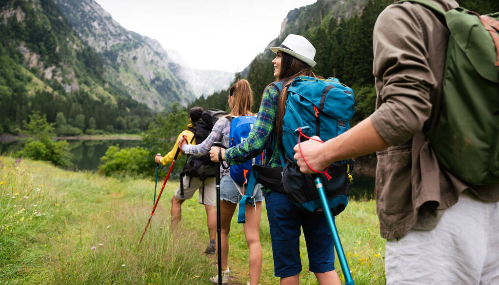 Bir grup sağlıklı arkadaş dağlarda yürüyüş yapıyor. - Fotoğraf, Görsel
