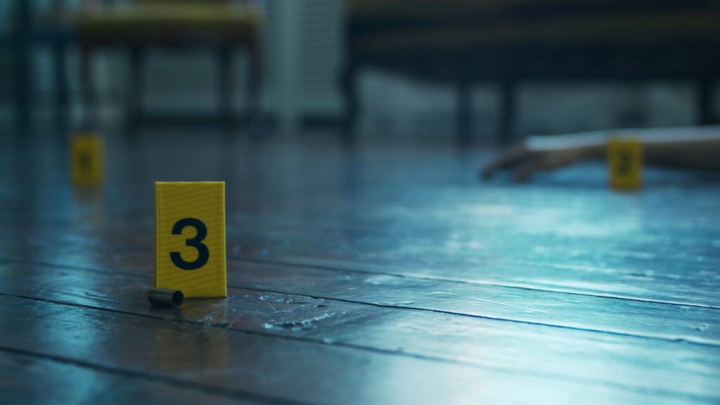 Closeup of a Crime Scene in a Deceased Persons Home. Dead man, Police Line, Clues and Evidence. Concept of Serial Killer and Detective Investigation. - Photo, Image