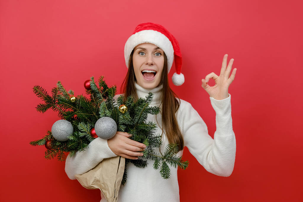 Retrato de la joven sonriente veinteañera en el sombrero de Santa Claus sostienen ramo de ramas de abeto demuestran signo aceptable, posando aislado sobre la pared de fondo de color rojo en el estudio. Feliz Año Nuevo concepto de vacaciones - Foto, imagen