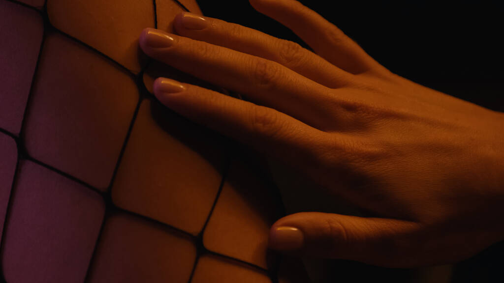 Getroffen weergave van jonge vrouw aanraken visnet panty op been geïsoleerd op zwart met verlichting - Foto, afbeelding