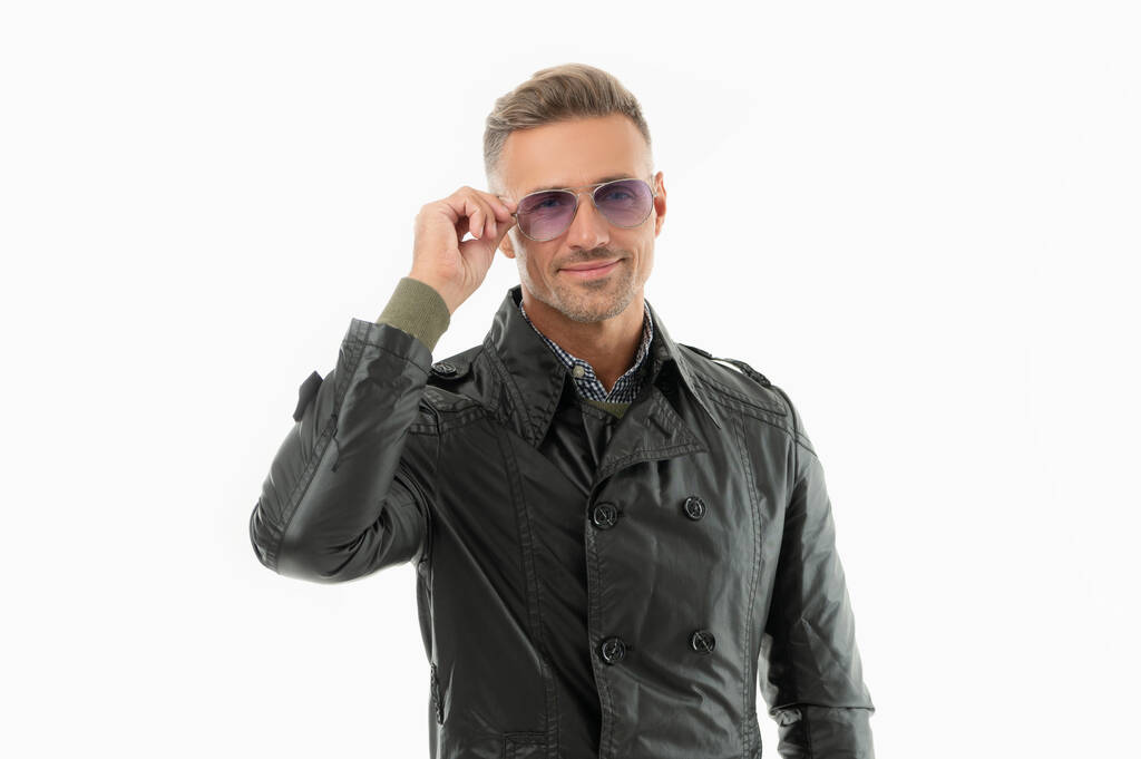 caucasian adult grizzled man in glasses isolated on white background. grizzled man in coat. adult grizzled cool man. studio shot of grizzled man. - Photo, Image
