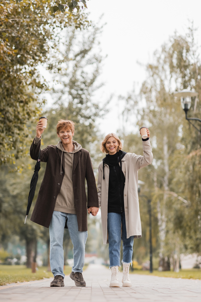 pełna długość radosnej pary w płaszczach trzymających się za ręce i spacerujących z papierowymi kubkami w jesiennym parku  - Zdjęcie, obraz