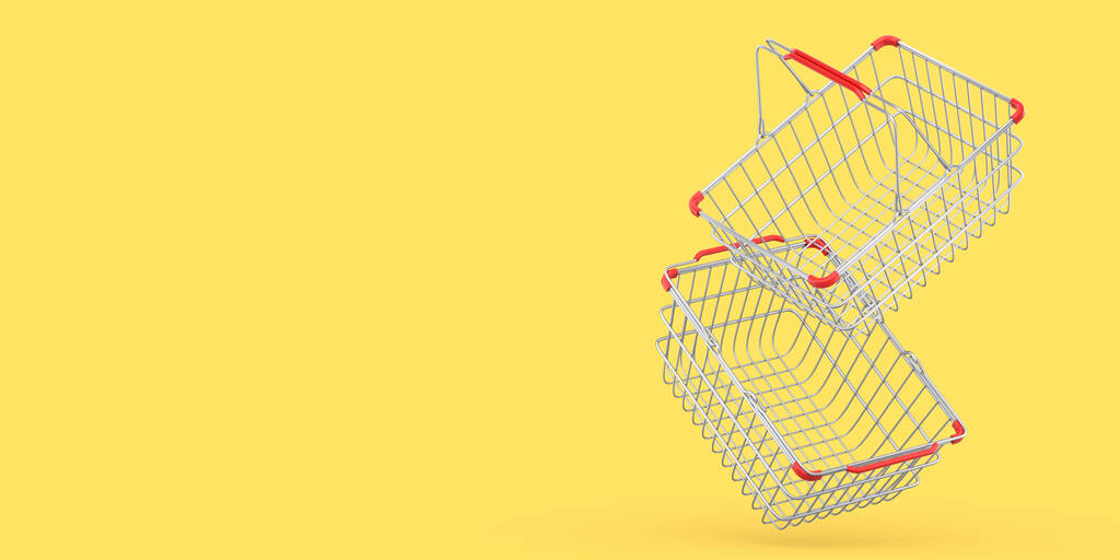 Conjunto de cesta de compras de fios metálicos do supermercado em fundo amarelo. 3d renderizar conceito de compras on-line e venda sexta-feira preta - Foto, Imagem