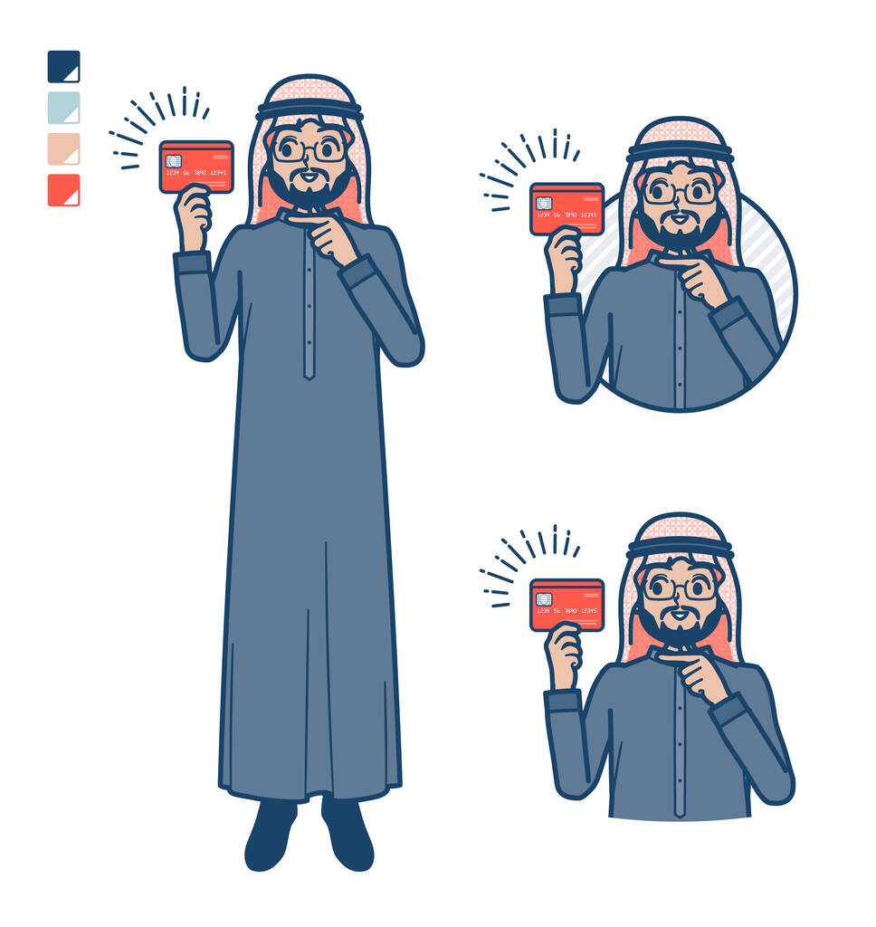 Арабський середній чоловік у чорному костюмі з вказівкою на зображення кредитних карток. Це векторне мистецтво, тому його легко редагувати
. - Вектор, зображення