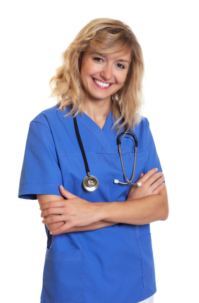 美しいですブロンド女性看護師とともにstethoscope隔離上のホワイト背景のためにカットアウト - 写真・画像