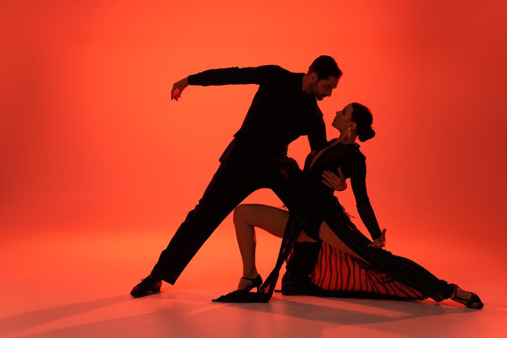 Вид збоку професійної танцюристки, що обіймає жінку в сукні на червоному тлі
  - Фото, зображення