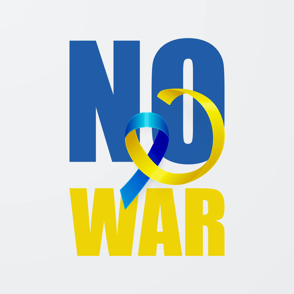 Geen oorlog in Oekraïne. Anti-oorlog oproep met de Smbol of Peace met blauw en geel zijde lint. Ukranian vlag kleuren. Strijd, protest, steun Oekraïne, slogan. Vector Illustratie. - Vector, afbeelding