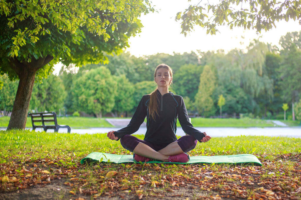 Jonge slanke vrouw doet yoga en stretching, fitness oefeningen in zonnig groen bos stadspark - Foto, afbeelding