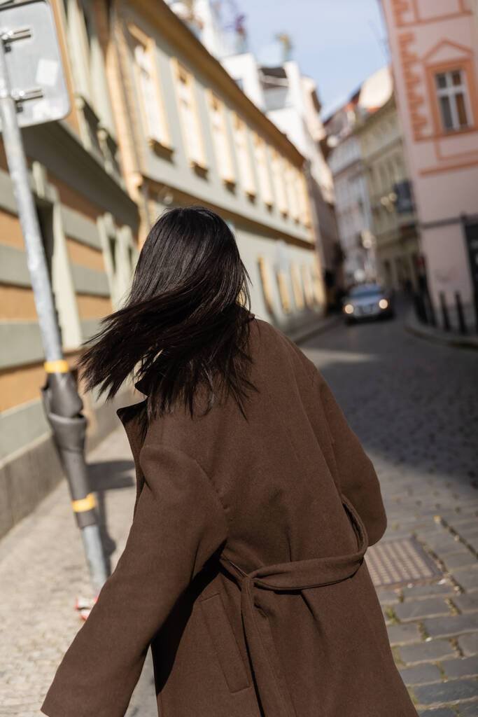 Vissza kilátás barna nő kabátban áll homályos utcában Prágában  - Fotó, kép