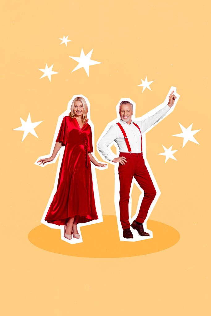 Függőleges kollázs kép két elegáns idős emberek élvezik tánc clubbing rajz csillagok elszigetelt festett háttér. - Fotó, kép