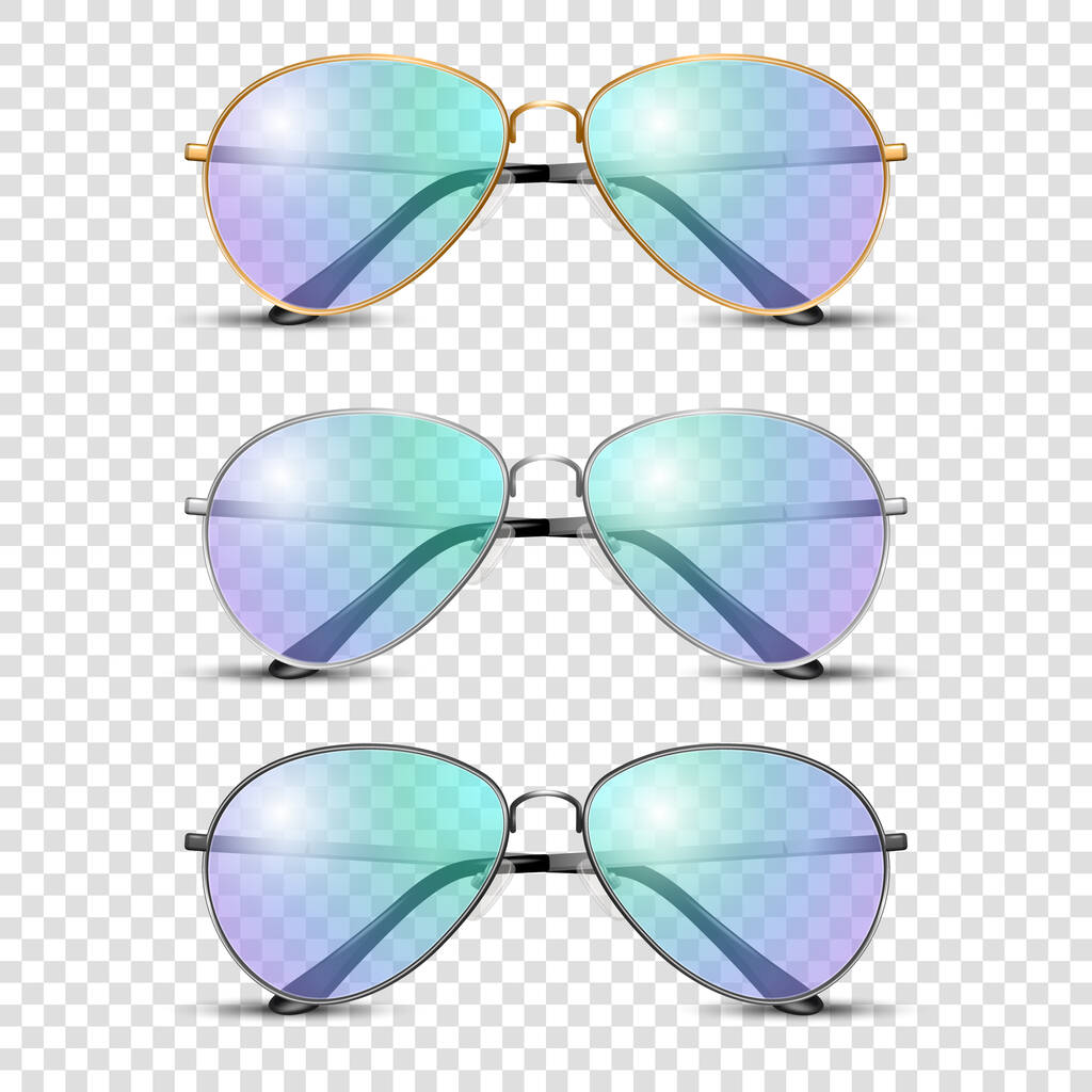 Vector 3d realistici occhiali da sole rotondi con vetro trasparente blu e viola isolato, occhiali da sole trasparenti per donne e uomini, accessorio. Ottica, lente, Vintage, occhiali alla moda. Vista frontale. - Vettoriali, immagini