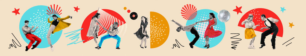 Tijd voor het feest. Hedendaagse kunst collage. Dansende koppels in retro 70s, 80s stijl kleding over een lichte achtergrond met tekeningen. Concept van kunst, muziek, mode, feest, creativiteit. Vlieger - Foto, afbeelding