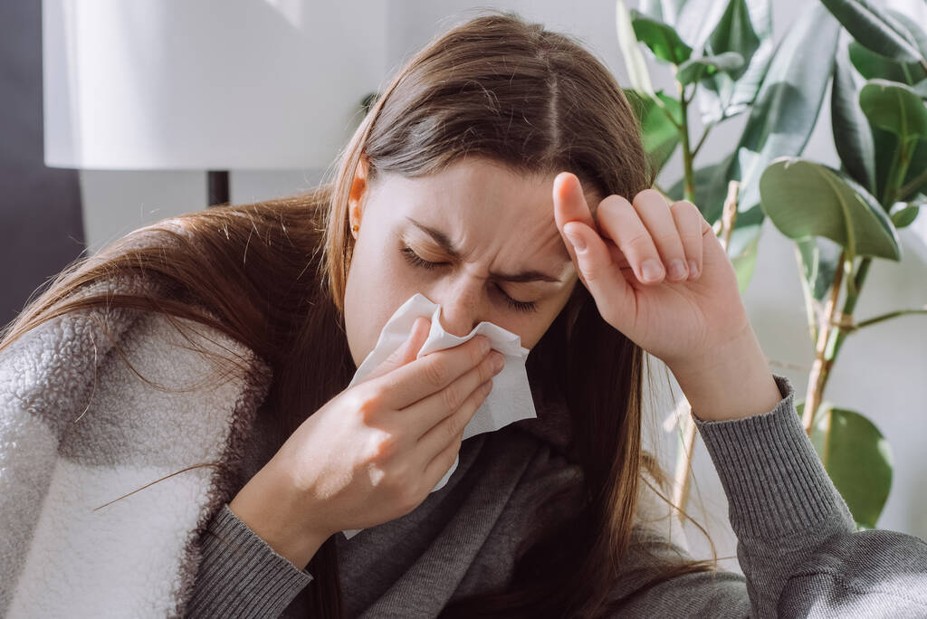 Weakened immune system concept. Close up of sick female seated sitting on couch in living room covered with plaid sneezing holding paper napkin blow out runny nose feels unhealthy, seasonal cold - Photo, Image