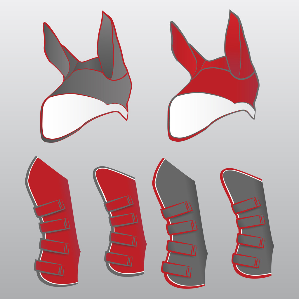 Mock ups of protective boots and fly hats for equipment horse in red and grey colors - Vector, Image