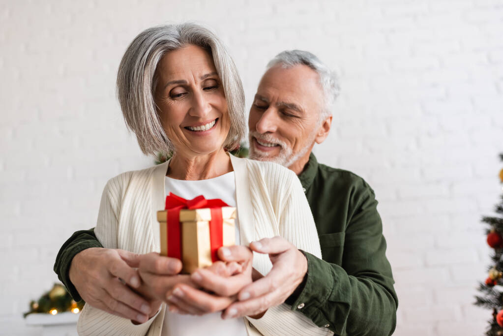 Neşeli olgun bir adam ve mutlu bir kadın Noel hediyesini ellerinde tutuyorlar. - Fotoğraf, Görsel