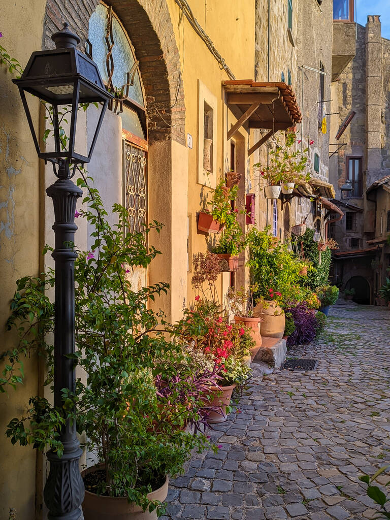 Bájos virágos keskeny utcák tipikus olasz falvak. Castelnuovo di Porto Lazio - híres virágfalakkal díszített - Fotó, kép