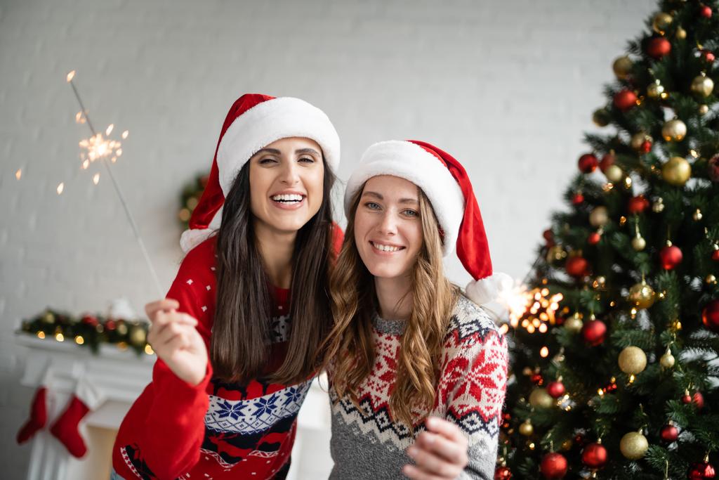Noel Baba şapkalı mutlu lezbiyen çift ellerinde kıvılcım tutuyorlar ve evdeki Noel ağacının yakınındaki kameraya bakıyorlar.  - Fotoğraf, Görsel