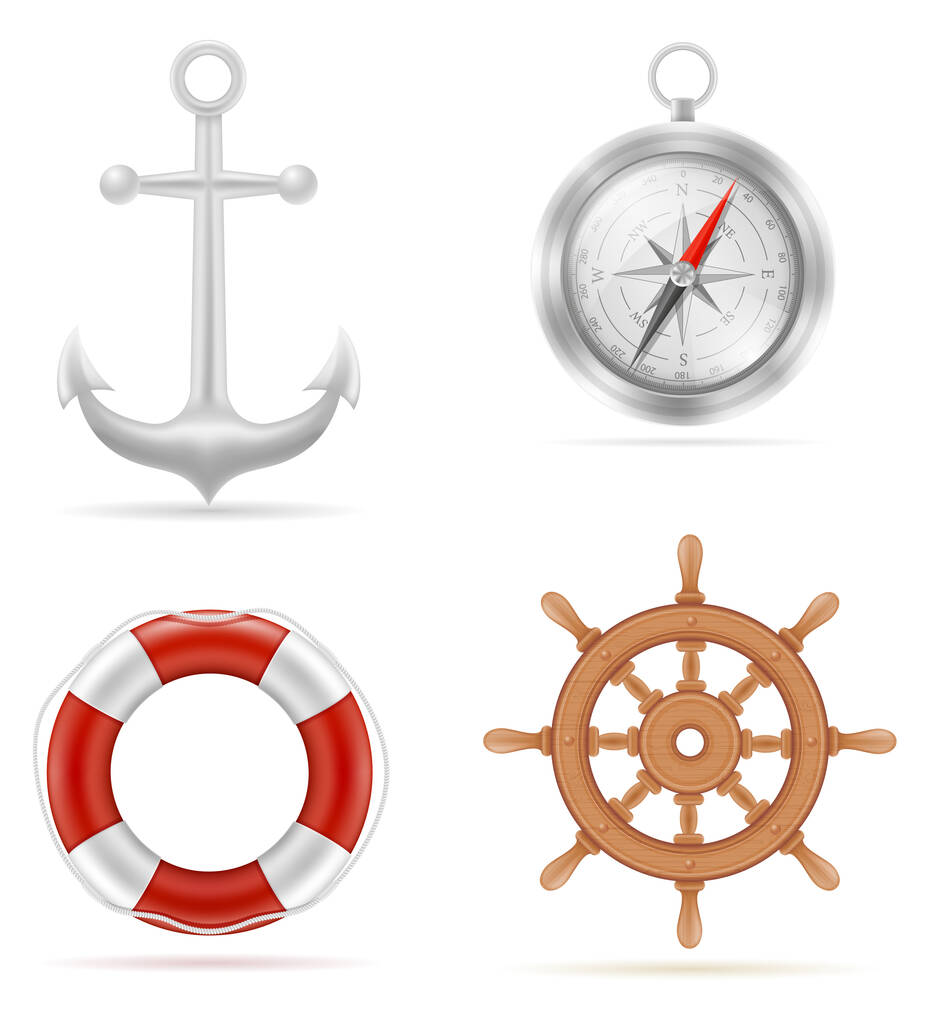Schiffsausrüstung Anker Kompass Rettungsring Steuerstock Vektor Illustration isoliert auf weißem Hintergrund - Vektor, Bild
