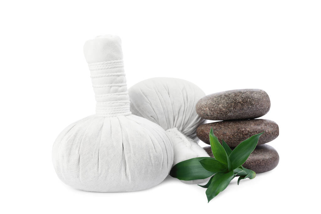 Sacs de massage à base de plantes, plantes vertes et pierres de spa sur fond blanc - Photo, image